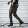 Men green cargo pants casual slim fit multi-pocket trousers stretch streetwear style - 29 / Army Green