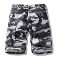 Men's camouflage cargo shorts with multiple pockets and zipper details for casual wear. - Grey and White Camouflage