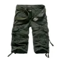 Men's summer casual cargo multi-pocket knee-length shorts with belt dark green stylish apparel - 29 / Army Green