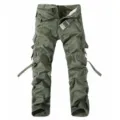 Men's army green tactical cargo pants with multiple utility pockets and built-in fabric belt. - 28 / Army Green