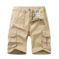 Mens casual khaki cargo shorts with multiple pockets and elastic waist for summer outdoor wear. - S / Khaki
