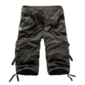 Men's dark grey multi-pocket cargo shorts featuring green belt, casual knee length pants. - 29 / Dark Gray