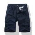 Men's dark blue casual cargo shorts featuring multi-pockets and an elastic drawstring waist. - Dark Blue