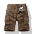 Men's brown summer casual cargo shorts with multi-pockets, elastic waist and drawstring. - Brown