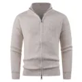 Men's casual knit cardigan close-up showing texture, high collar and metal zip design details. - M / Off White