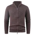 Men's full zip knit cardigan sweater casual outerwear detailed close up view in dark brown color - M / Coffee