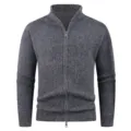 Close-up detail of dark grey men's ribbed knit zip cardigan sweater showcasing texture. - M / Dark Gray