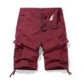 Men's burgundy casual cargo shorts with multi pockets and adjustable drawstring hem. - Burgundy
