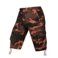 Men camouflage cargo shorts detail view, featuring multi-pockets and adjustable leg drawstrings. - 30 / Red Camouflage