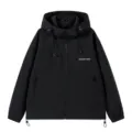 Giacca nera casual con cappuccio da uomo, antivento ampio con zip frontale e comode tasche. - Taglia M / Nero