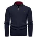 Maglione da uomo a coste con mezza zip, colore blu scuro con colletto interno a contrasto. - Taglia S / Blu Marino Mezza Zip