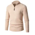 Detailed view of men's quarter-zip ribbed knit sweater in stylish apricot, comfortable and warm. - M / Apricot