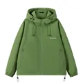 Men's autumn hooded jacket loose fit casual windbreaker with zipper pockets and drawstring hem. - Fruit Green