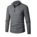 Men's grey ribbed quarter zip pullover sweater casual knitwear stylish long sleeve top - M / Dark Gray