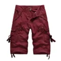 Men's casual cotton cargo shorts multi-pocket knee length summer streetwear trousers - 29 / Burgundy