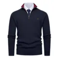 Men's stylish navy blue half-zip stand collar ribbed knit sweater casual pullover top - Navy Blue