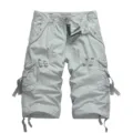 Men's casual cotton washed cargo shorts with multi pockets and drawstring hem light grey - Light Gray
