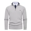 Men's quarter zip ribbed knit sweater solid color stand collar pullover casual top - M / Light Gray