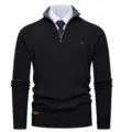 Men's quarter-zip ribbed knit sweater stand collar long sleeve casual pullover black - M / Black