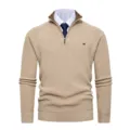 Men's half zip stand collar ribbed knit sweater casual long sleeve pullover top beige - M / Khaki