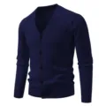 Men's Navy Blue V-Neck Cable Knit Cardigan Sweater Long Sleeve Button Down Outwear - Navy Blue
