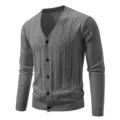 Men's grey V-neck knit cardigan sweater slim fit long sleeve casual daily outerwear top - M / Dark Gray