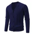 Men's Navy Blue V-Neck Cardigan Sweater Slim Fit Long Sleeve Knitwear Daily Casual Wear - Navy Blue
