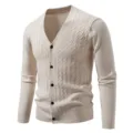 Men's casual V-neck knit cardigan sweater with long sleeves and front buttons, beige. - 5XL / Off White