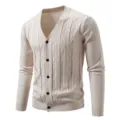 Men's knit cardigan sweater, slim fit V-neck button down casual knitwear beige. - M / Off White