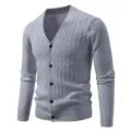 Men grey v-neck cable knit cardigan sweater, casual long sleeve button down knitwear top. - M / Gray