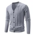 Men's grey v-neck knitted cardigan sweater slim fit lightweight button down casual top new - M / Gray