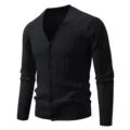 Men's black V-neck button-down knit cardigan sweater, casual plus size knitwear variant. - M / Black