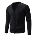 Men's black V-neck knitted cardigan long sleeve slim fit casual button sweater for daily wear. - M / Black