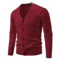 Men's burgundy V-neck button-down knit cardigan sweater with classic cable knit pattern. - Burgundy