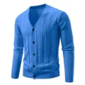 Mens blue V-neck knitted cardigan, slim fit long sleeve button sweater for casual wear. - Blue