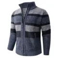 Cardigan en tricot pour homme zippé rayé bleu col montant haut thermique d'hiver. - M / Bleu marine