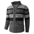 Men's Fall Winter Long Sleeve Knitted Cardigan Sweater Black Grey Striped Zip Up Top - Coffee