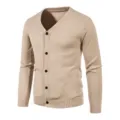 Men's Casual V-Neck Knitted Cardigan Slim Fit Long Sleeve Sweater in Khaki Color - M / Off White