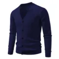 Men's deep blue V-neck knitted cardigan with button closure and classic cable knit design. - Navy Blue