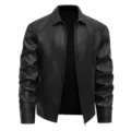 Men's black faux leather jacket casual autumn winter outwear zip up biker coat for daily wear. - M / Black