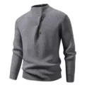 Men's grey mock neck knit sweater casual long sleeve stylish pullover with buttons. - M / Gray