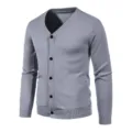 Men's grey V-neck long sleeve button-up knit cardigan sweater slim fit casual top apparel - M / Gray
