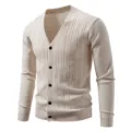Men Casual V-Neck Knit Cardigan Long Sleeve Button Sweater Solid Color Outerwear - M / Tops / Off White