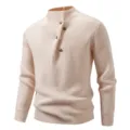 Men's knitted sweater mock neck long sleeve button beige casual winter pullover - Light Pink