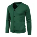 Men's slim V-neck knit cardigan sweater in dark green, comfortable long sleeve button-up top. - Dark Green