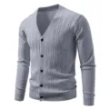 Men's casual grey V-neck knit cardigan sweater with cable pattern and front buttons. - M / Tops / Gray