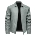 Men's casual grey faux leather jacket with lapel and zip up, stylish outerwear for autumn. - M / Bean Green