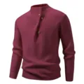 Men's Mock Neck Knitted Sweater Long Sleeve Burgundy Pullover with Stylish Gold Buttons - Coffee