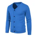 Men's blue V-neck knitted cardigan sweater, slim fit long sleeve button-up casual knitwear. - Blue