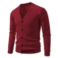 Men's burgundy V-neck knit cardigan sweater, casual long sleeve button down knitwear top. - Burgundy